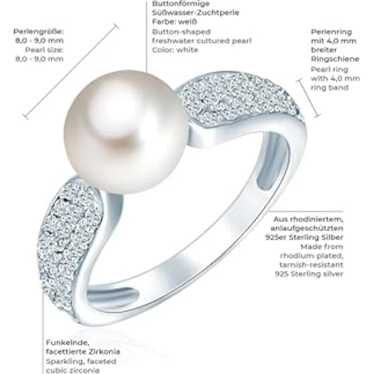 Valero Pearls Damen Perlenring aus 925/- Sterling Silber, Süßwasser-Zuchtperle 8-9 mm weiß, mit Zirkonia-Verzierungen, eleganter Bandring – Bild 2