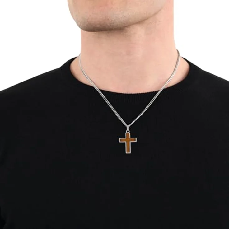 Amor Motivanhänger für Herren mit Kreuz-Motiv, Edelstahl, Tigerauge, 4,1 cm, Braun, in Schmuck Geschenk Box – Bild 2
