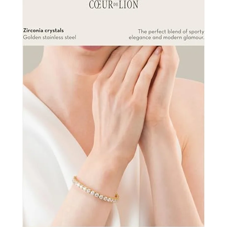 Coeur De Lion Tennisarmband, handgefertigt mit Zirkoniasteinen in vergoldetem Edelstahl, verstellbar 16,5 cm bis 18 cm – Bild 2