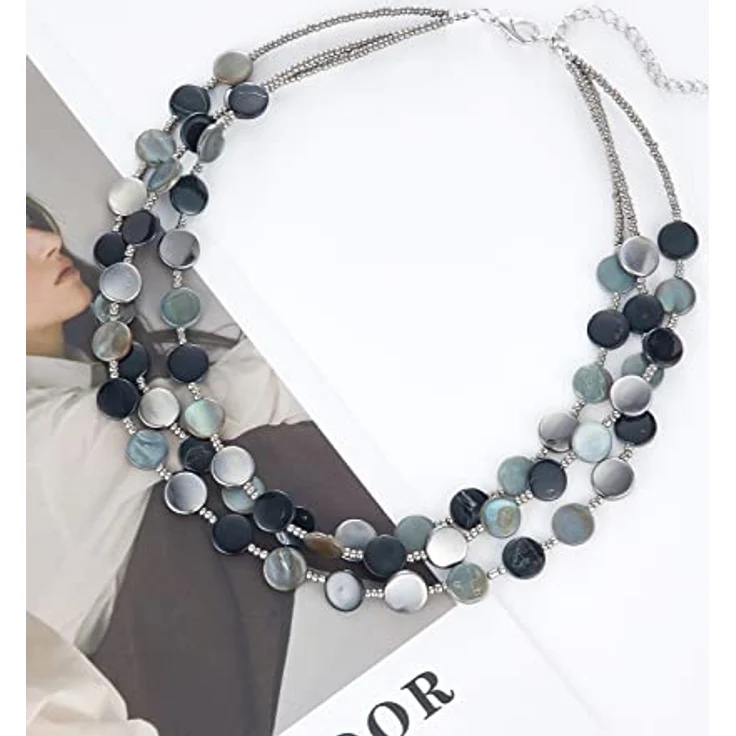 FULU AUTUMN Damen Statement Kette, mehrreihige Muschelkette mit silbernen Perlen, 17 Zoll + 2,7 Zoll Verlängerung, schwarz – Bild 2