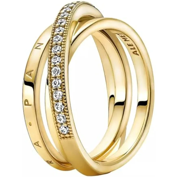 PANDORA Dreifach gekreuzter Pavé-Ring, 14 Karat vergoldet mit Zirkoniasteinen, Moments Collection, Größe: 52