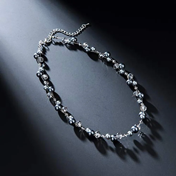 Bulinlin Damen Kristall Perlenkette Silber Boho Statement Choker Halskette, 17-Zoll plus 3-Zoll Verlängerung, grau – Bild 4