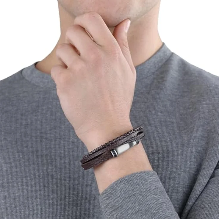 s.Oliver Herren Armband, Gravierbar aus Leder und Edelstahl, Mehrreihig, Braun, Länge: 20-21,5 cm – Bild 2