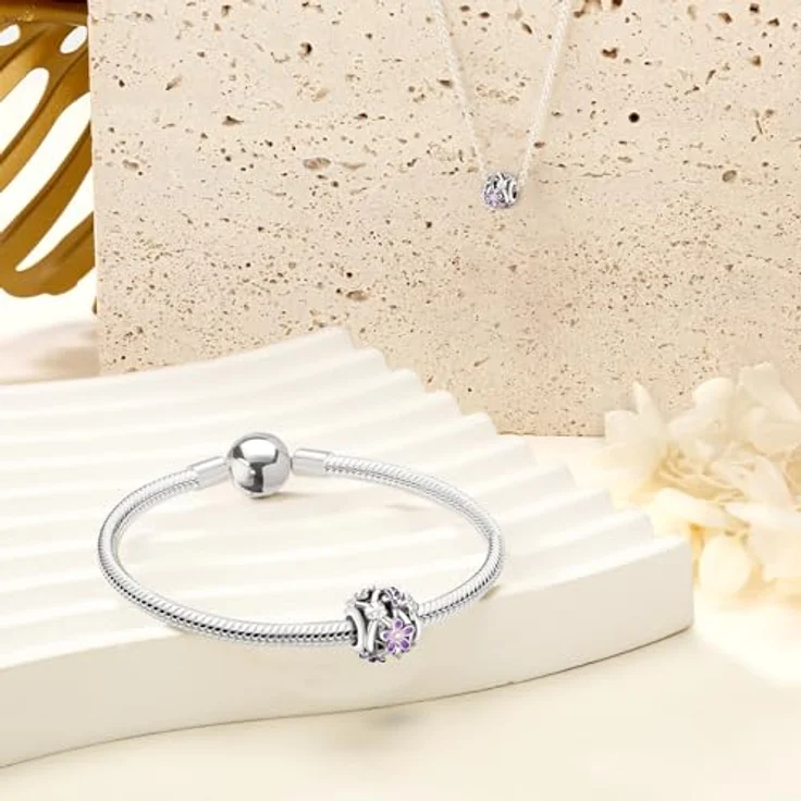 Ruaidhra Sterling Silber S925 Lilafarbenes Gänseblümchen Charm Anhänger für Armbänder, hypoallergen, Geschenkbox enthalten – Bild 2