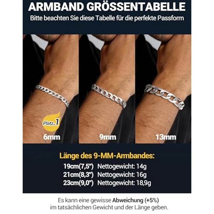 PROSTEEL Panzerarmband Herren Edelstahl, 21CM lang, 9mm breit, klassisches Silber-Design, robust und wasserdicht – Bild 2