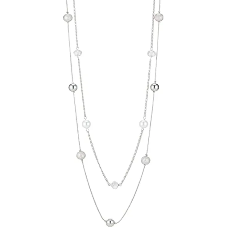 FULU AUTUMN Damen Statement Kette Lange Perlenkette Silber, zwei Strang Modeschmuck Halskette, anpassbare Längen, Geburtstagsgeschenk (16-White)