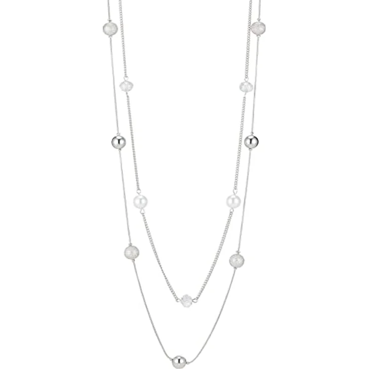 FULU AUTUMN Damen Statement Kette Lange Perlenkette Silber, zwei Strang Modeschmuck Halskette, anpassbare Längen, Geburtstagsgeschenk (16-White) – Bild 1