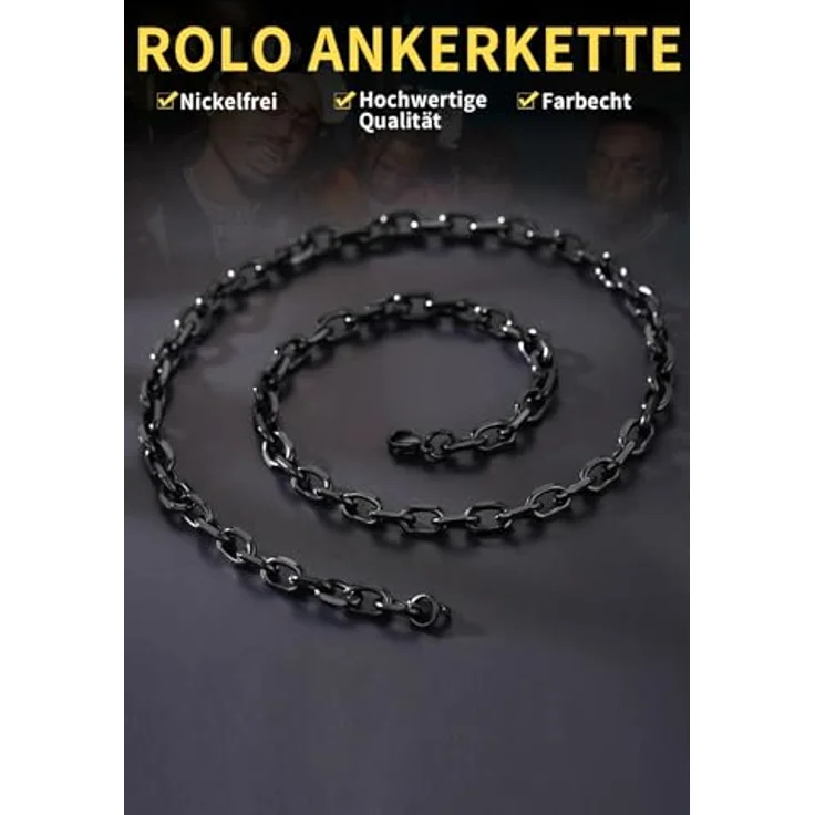 ChainsHouse Rolokette 7mm Schwarz, Herren Halskette aus 316L Edelstahl, 71cm Länge, Punk O-Kette Ankerkette mit Karabinerverschluss – Bild 2
