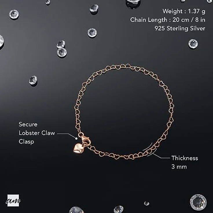 Amberta Damen Herz Armband, 925 Sterling Silber rosé vergoldet, hypoallergen, verstellbare Länge bis 20 cm – Bild 5