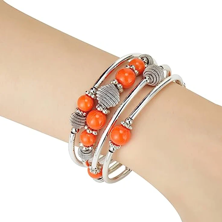 Bulinlin Silber Wickelarmband mit Naturstein Perlen, Boho Mehrschichtiges Damen Armband, Orange, Geschenkbox für Geburtstage – Bild 2