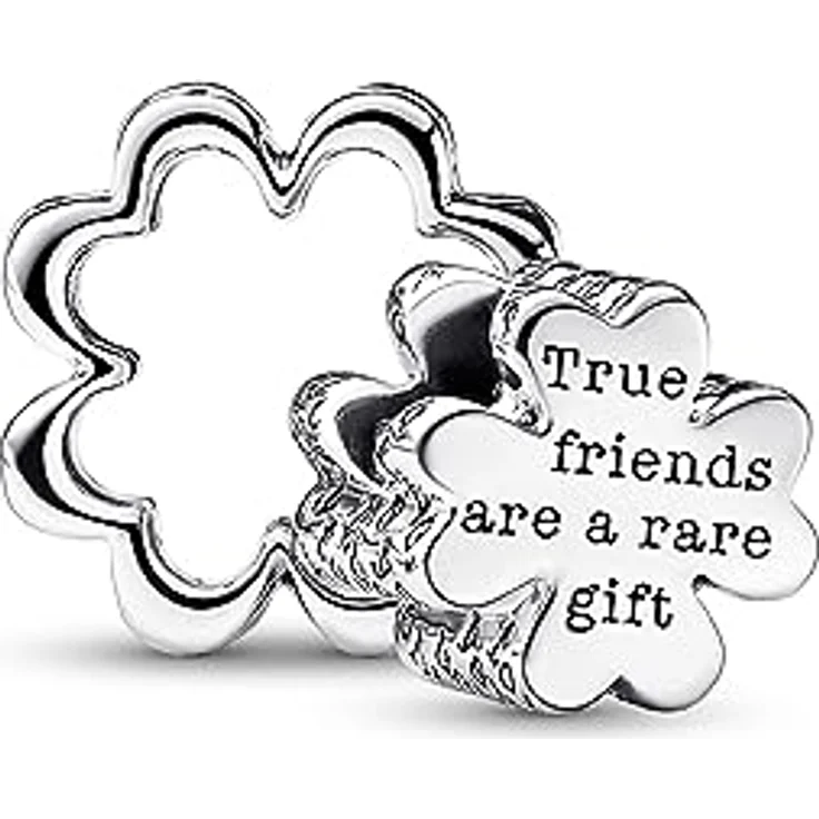 PANDORA Moments Teilbares Vierblättriges Kleeblatt Charm aus Sterling Silber mit grünen Kristallen, Gravuren "True friends are a rare gift" und "Lucky to have you", kompatibel mit Moments Armbändern, 792752C01 – Bild 2