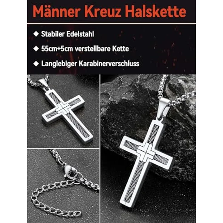 FaithHeart Kreuz Kette, Edelstahl Venezianier Halskette mit Kreuz Anhänger, 55CM lang, silber, für Herren und Damen, wasserdicht und hypoallergen – Bild 2