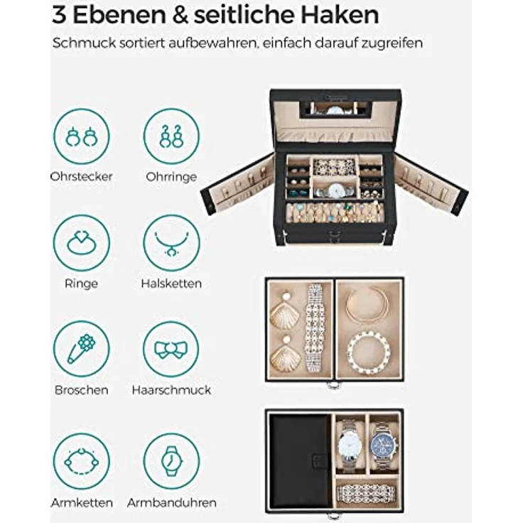 SONGMICS Schmuckkasten JBC121B, abschließbarer Schmuck-Organizer mit 2 Schubladen, herausnehmbare Reise-Box und Spiegel, schwarz mit Samtfutter – Bild 3