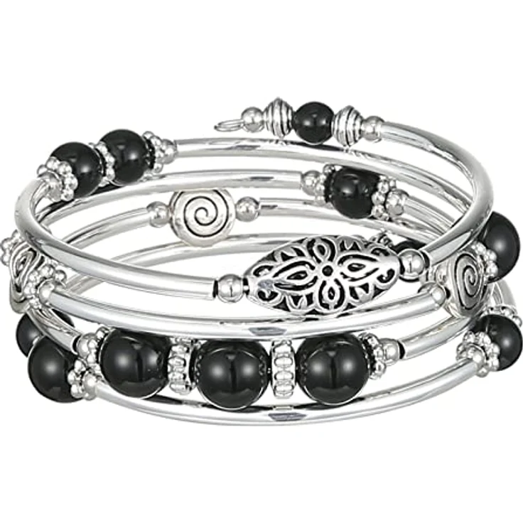 FULU AUTUMN Damen Boho Armband, Silber Wickelarmband mit mehrschichtigen Perlen, Geschenke zum Geburtstag und Muttertag, Schwarz – Bild 1
