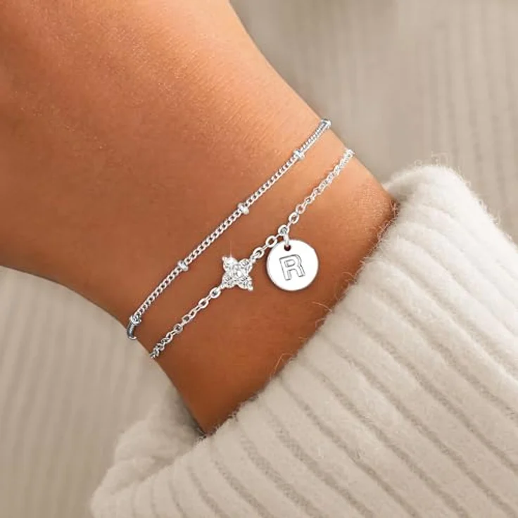 TINGN Armband mit Buchstaben R, Silberfarbenes Glücksarmband mit vierblättrigem Kleeblatt und Cubic Zirkonia, 14 Karat Vergoldet, personalisierte Geschenke für Damen und Mädchen – Bild 2