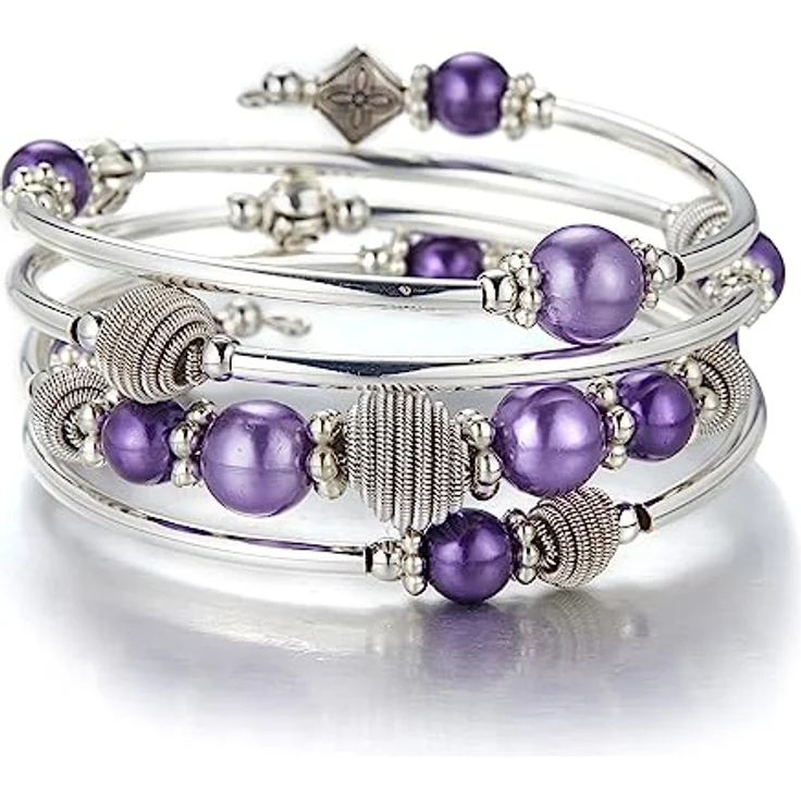 Bulinlin Silber Wickelarmband mit Naturstein Perlen, Boho Mehrschichtiges Damen Armband in Violett, perfektes Geburtstagsgeschenk – Bild 1