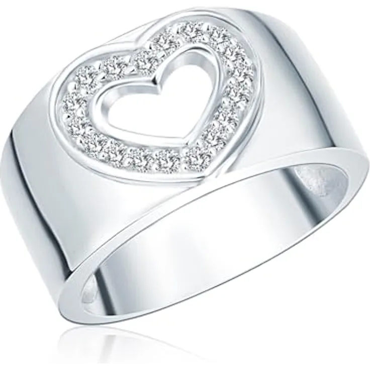 Rafaela Donata Damenring 925/- Sterling Silber rhodiniert, breiter Bandring mit funkelndem Herzmotiv und Zirkonia, Silberring