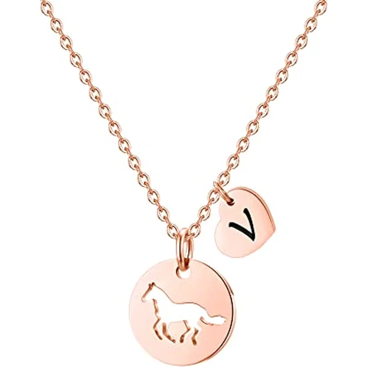 TINGN Pferde Kette Herz Buchstaben, Edelstahl Kette mit Buchstaben V, 16 Zoll mit Verlängerung, personalisierbar für Mädchen und Teenager Pferdeliebhaber Schmuck