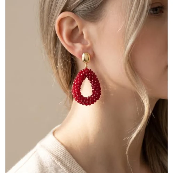 Joya Love Weinrot Boho Hohl Tropfen Ohrhänger, Facettierte Kristallperlen mit Glattem Goldoval Anhänger für Damen, Statement Ohrringe als Geschenk – Bild 4