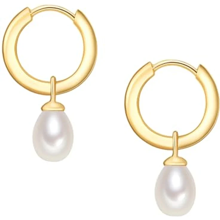 Valero Pearls Damen Creolen, 925/- Sterling Silber gelbvergoldet mit weißen Süßwasser-Zuchtperlen, abnehmbar, Klappbügel – Bild 2