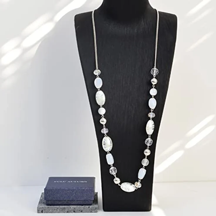 FULU AUTUMN Lange Perlenkette Damen Boho Statement Schmuck, 35 Zoll, Weiß, handgefertigt aus Glas und Kristall – Bild 4