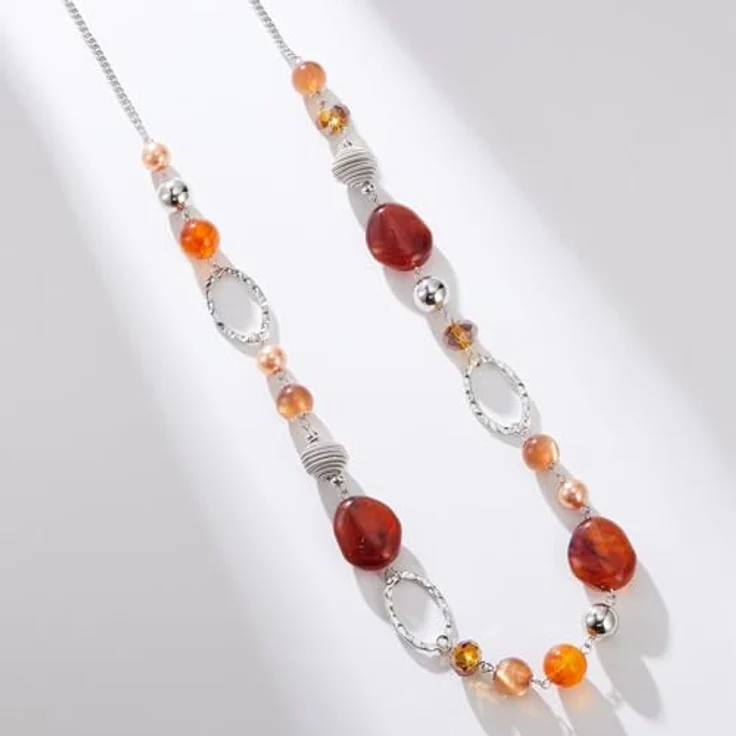 Bulinlin Silber Perplen Lang Kette für Damen, Boho Statement Chain Halskette aus Harz- und Metallperlen, 35+3 Zoll, in Rotbraun – Bild 4