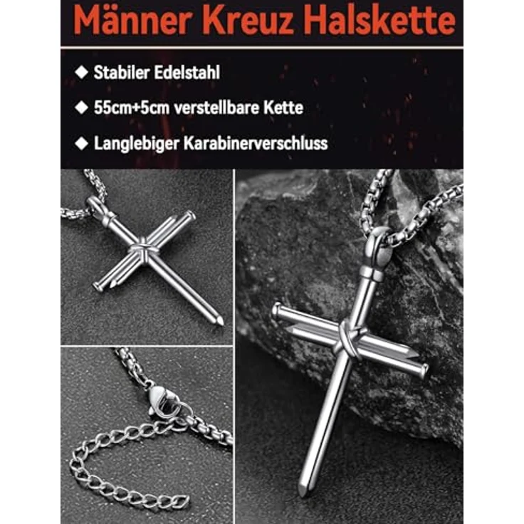 FaithHeart Herren Kreuz Kette, 55CM Venezianier Edelstahl Halskette mit Kreuz Anhänger, rostfrei und wasserdicht, in Silber – Bild 2