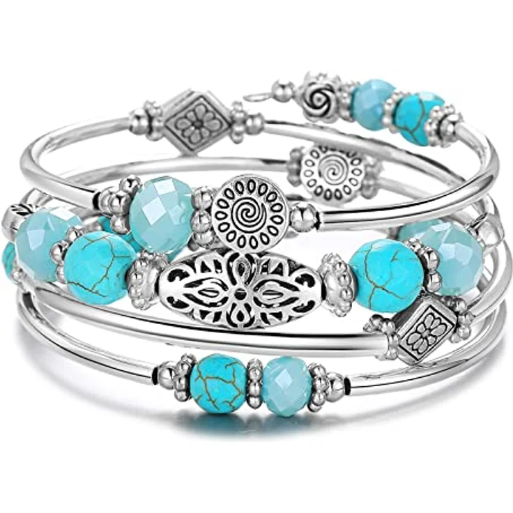 FULU AUTUMN Damen Boho Wickelarmband mit mehrschichtigen Perlen und versilbertem Design, turquoise – Bild 1