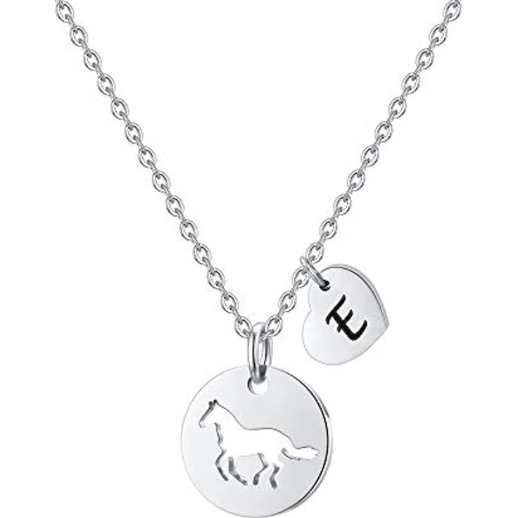 TINGN Pferde Kette mit Herz Buchstaben, 16 Zoll Edelstahl Kette mit Buchstabe E, personalisiertes Geschenk für Mädchen, hypoallergen, verstellbar, für 8 Jahre und älter