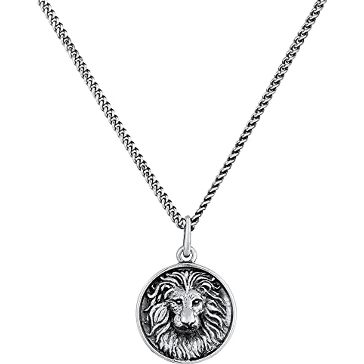 Kuzzoi Herren Halskette mit Löwenkopf Anhänger (20 mm), 925 Sterling Silber oxidiert, Kette mit runden Coin-Anhänger, Länge 55 cm, robustes Design für Männer – Bild 2