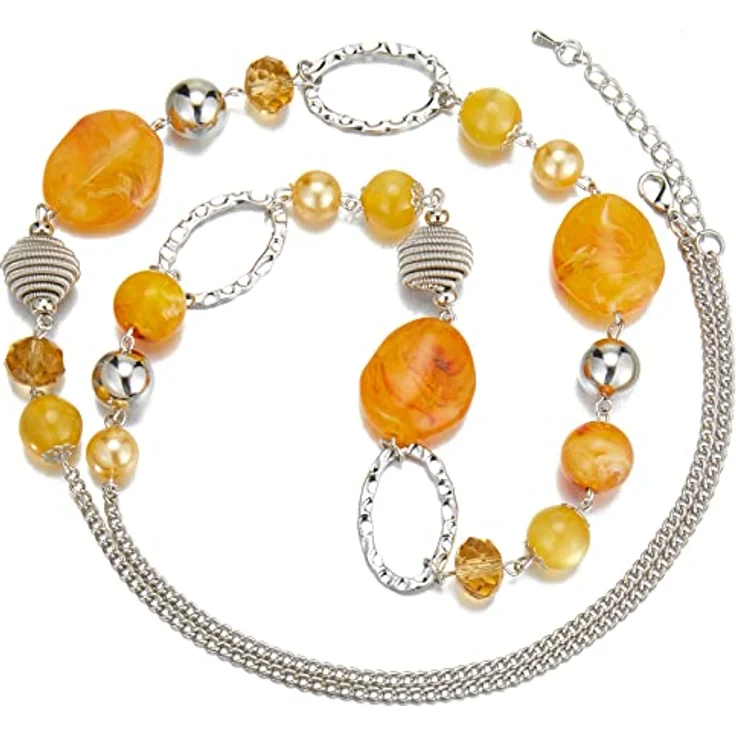 Bulinlin Lange Silber Perlenkette für Damen, Boho Statement Chain Halskette, 35+3 Zoll, Gelb, Modeschmuck und Geburtstagsgeschenke – Bild 2