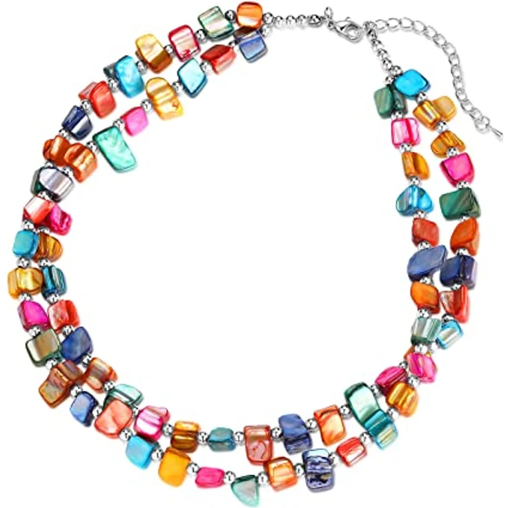 Bulinlin Boho Bunte Perlenkette Damen Muschelkette, 43 cm + 7 cm verstellbar, Handgefertigt aus natürlichen Muscheln, Strand Sommer Choker für Frauen und Mädchen (Colorful) – Bild 1