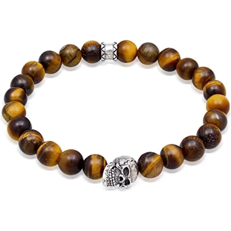 Kuzzoi Buddha Herren Armband Tigerauge (braun), Stretch-Perlen mit 925 Sterling Silber Totenkopf Bead, Chakra Yogaarmband, Länge 21 cm