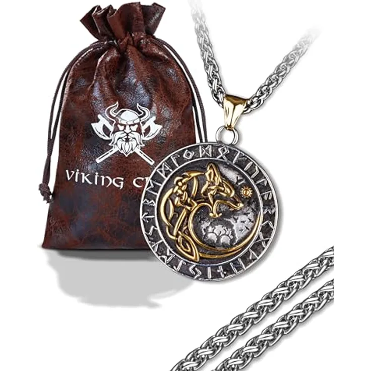 VIKING CRAFT Fenrir + Vegvisir Halskette aus Edelstahl, zweiseitig, 60cm, Wikinger Schmuck mit Wolf Amulett und Kompass, ideal als Geschenk für Männer, LARP Deko