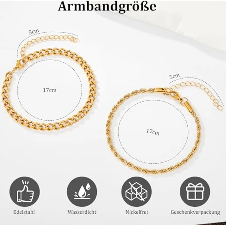 J.Fée Gold Armband Set für Herren, 2 Stück, 316L Edelstahl, hypoallergen, verstellbar, kubanischer Stil – Bild 4