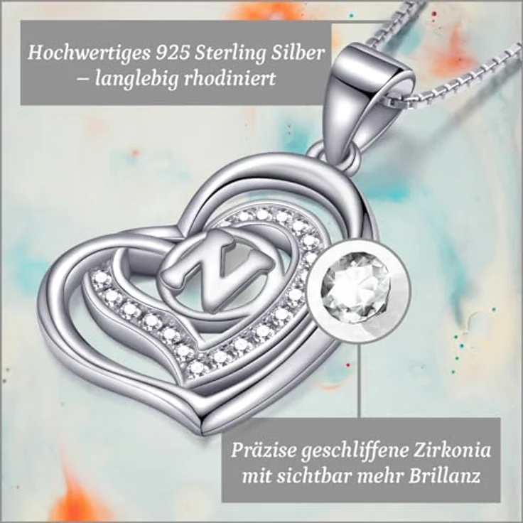 Morella Damen Halskette Herz Buchstabe N, rhodiniertes 925 Silber mit weißen Zirkoniasteinen, 46 cm – Bild 2