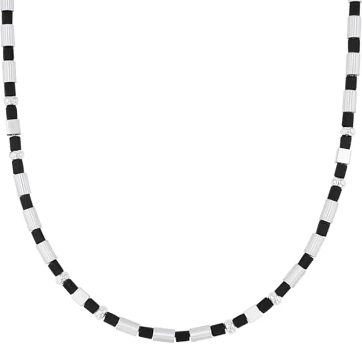 s.Oliver Herren-Halskette, Kette mit Holz- und Edelstahl-Beads, Silber/Schwarz, 50 cm