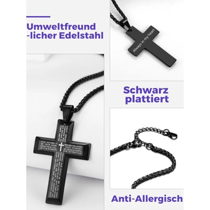 Richsteel Herren Kreuz Kette, Edelstahl Halskette in Silber/Gold/Schwarz, 55+5cm verstellbar, personalisierbarer Kettenanhänger – Bild 5