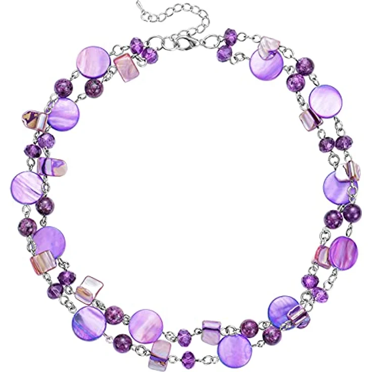 FULU AUTUMN Kristall Perlenkette Boho Muschelkette Damen, bunte mehrreihige Halskette mit Muschelanhängern, 59-Purple, 18 Zoll + 2,7 Zoll Verlängerung – Bild 1
