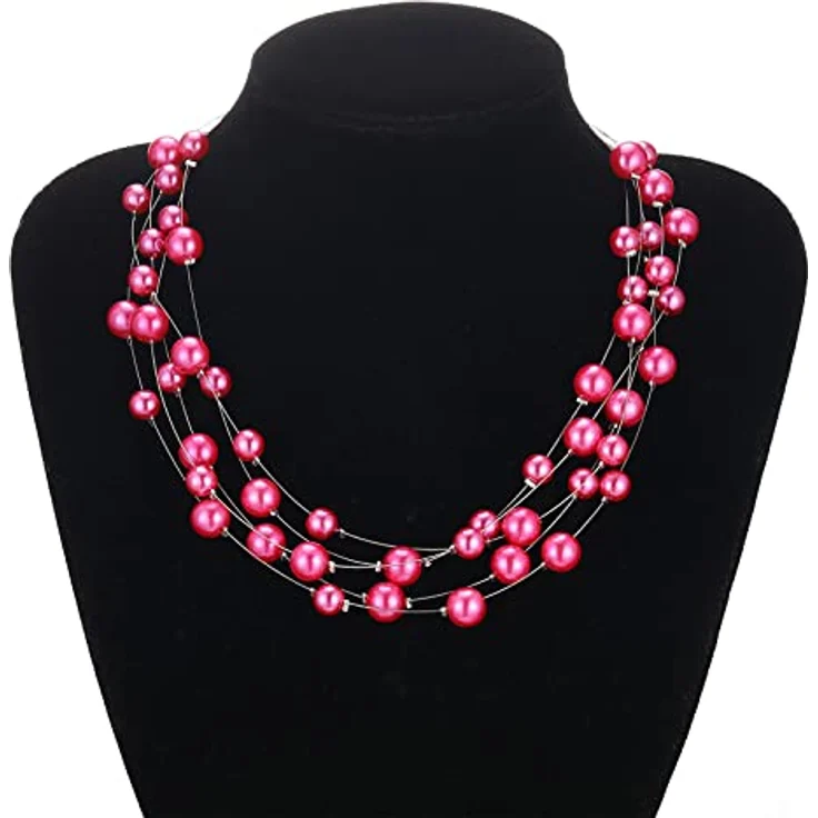 FULU AUTUMN Boho Perlenkette Damen, Mehrreihige Silber Statement Kette, 17 Zoll mit 2.7 Zoll Verlängerung, Hot Pink – Bild 2