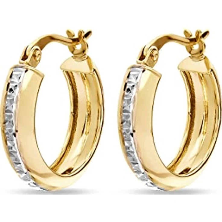 FAVS Creolen 88403819, Bicolor Goldohrringe mit silberner Spur und teildiamantierter Linie, Klappringverschluss – Bild 1