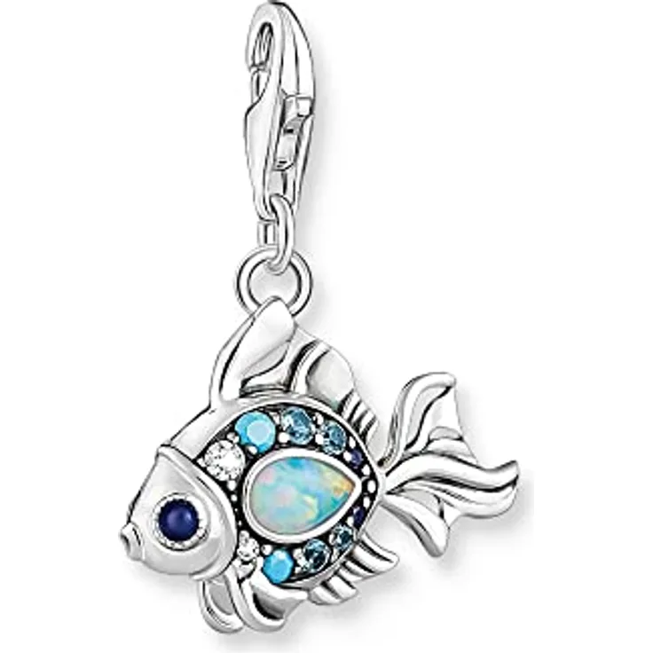 Thomas Sabo Charm-Anhänger Fisch mit Zirkonia aus Sterling-Silber in Silber-Blau, Maße: 18,8mm x 25mm, Karabinerverschluss