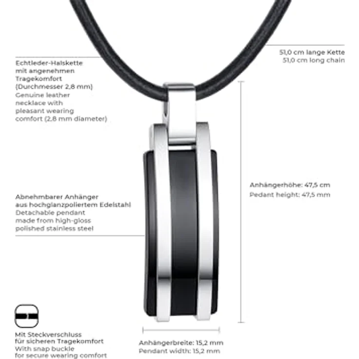 True Rebels Herren-Halskette Echtleder schwarz 51 cm, Dogtag mit Edelstahl-Anhänger, robustes Design für aktiven Männerschmuck – Bild 2