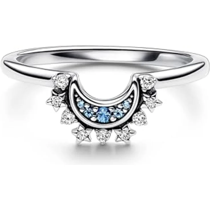 PANDORA Celestial Blue Sparkling Moon Ring 192675C01-60, Damenring aus Sterlingsilber mit blauen Steinen, stapelbar – Bild 2