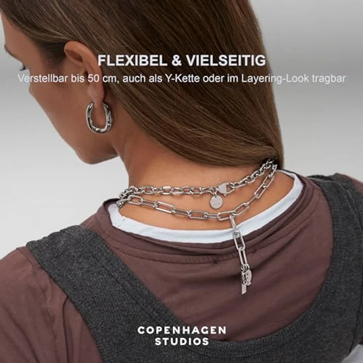 COPENHAGEN STUDIOS Bold Link Necklace, silber, Halskette aus poliertem Edelstahl, verstellbar bis 50 cm, wasserfest & hautfreundlich – Bild 4