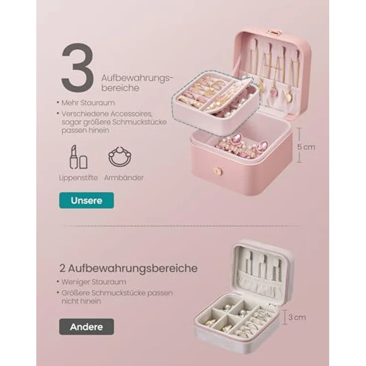 SONGMICS GISELLA Schmuckkästchen Reise, tragbare Schmuckaufbewahrung mit 2 Ebenen, pastellrosa, 11,2 x 11,8 x 7,2 cm – Bild 4
