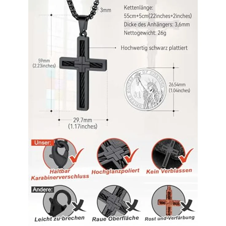 FaithHeart Kreuz Kette Herren, Edelstahl Venezianierkette mit Kreuz Anhänger, 55 cm lang, schwarz, wasserdicht und hypoallergen – Bild 3