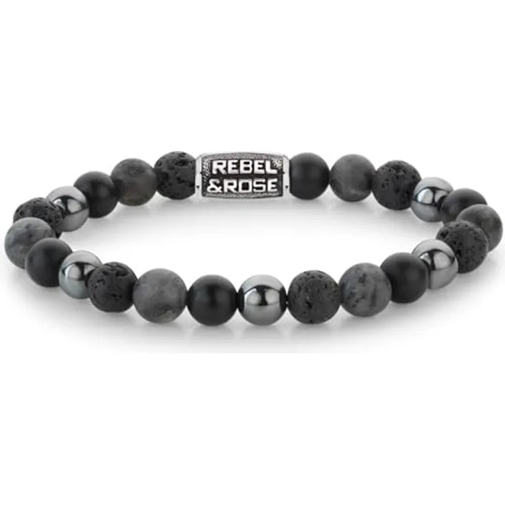 Rebel & Rose Herren-Armband Grey Rocks Vintage, Kugelkette mit Onyx und Hämatit, 8 mm, silber