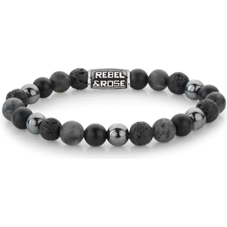 Rebel & Rose Herren-Armband Grey Rocks Vintage, Kugelkette mit Onyx und Hämatit, 8 mm, silber