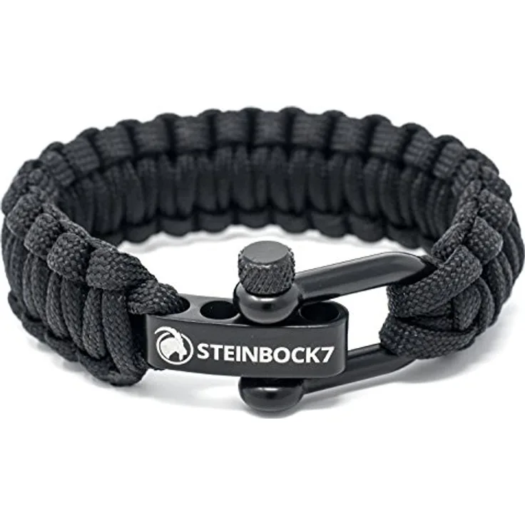 Steinbock7 Paracord Armband Herren Survival, geflochtenes Outdoor-Armband mit Edelstahlverschluss, verstellbar, schwarz